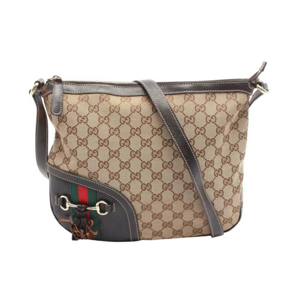 Gucci Horsebit GG Canvas Shoulder Bag Leather Beige Cream Brown